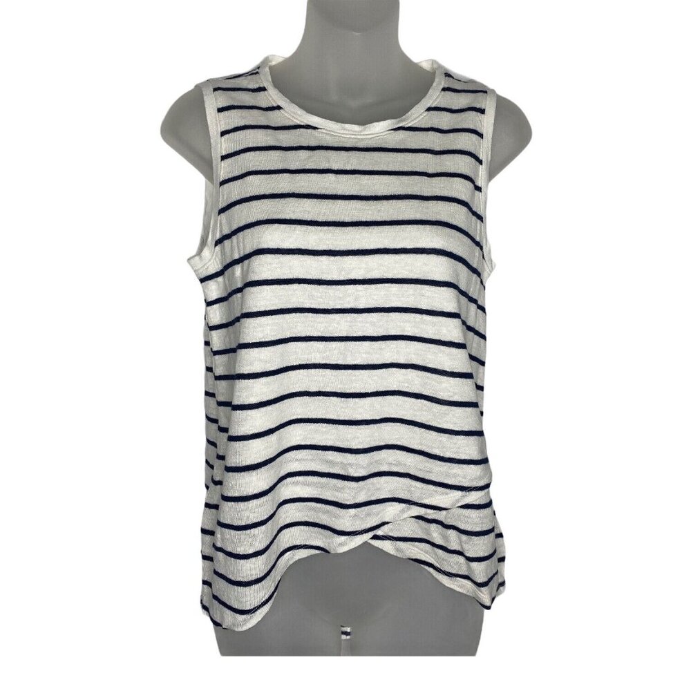 Athleta Women XS Striped Hi Low Sleeveless Athletic Top Faux Wrap Hem Blue White